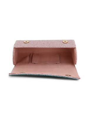 Anekaant Coffer Pink, Turquoise & Multi Geometric Embellished Faux Silk Clutch 5
