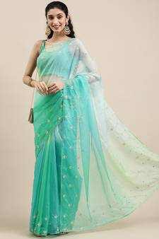 Geroo Jaipur Handcrafted Green Shaded Organza Saree