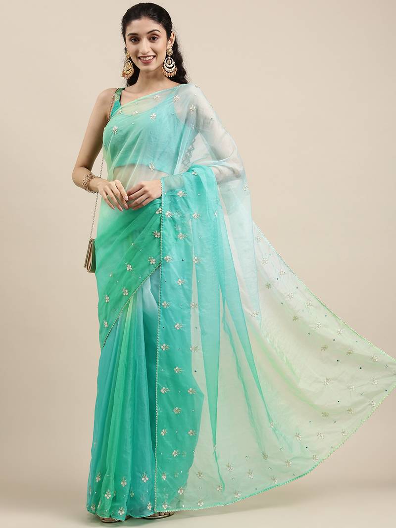 Geroo Jaipur Handcrafted Green Shaded Organza Saree
