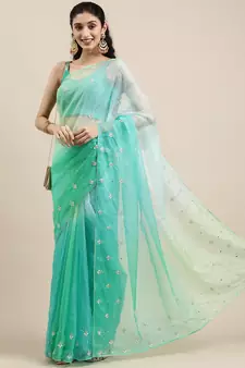 Geroo Jaipur Handcrafted Green Shaded Organza Saree