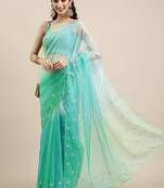 Geroo Jaipur Handcrafted Green Shaded Organza Saree