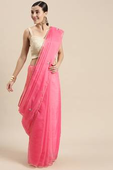 Geroo Jaipur Pink Hand Embroidered Organza Saree