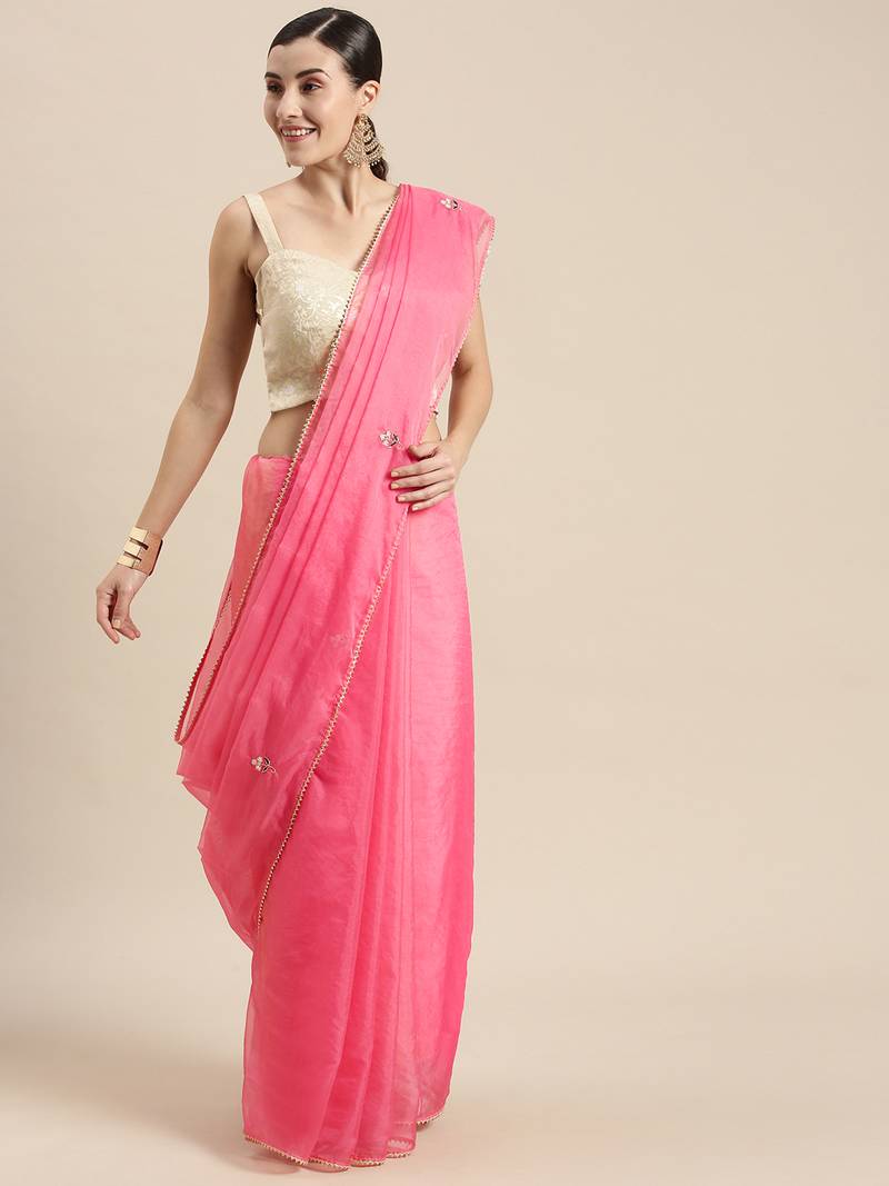 Geroo Jaipur Pink Hand Embroidered Organza Saree