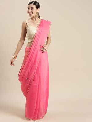   Pink Hand Embroidered Organza Saree 1