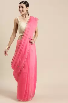 Geroo Jaipur Pink Hand Embroidered Organza Saree