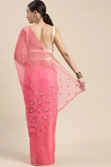   Pink Hand Embroidered Organza Saree