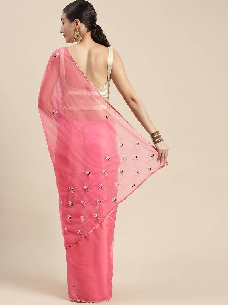Geroo Jaipur Pink Hand Embroidered Organza Saree