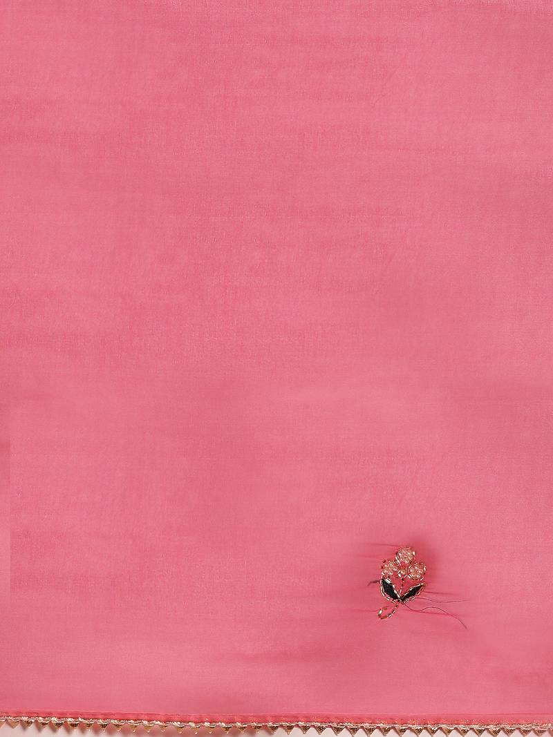 Geroo Jaipur Pink Hand Embroidered Organza Saree