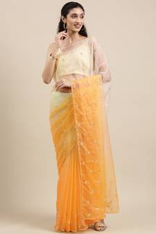 Geroo Jaipur Handcrafted Green & Light Yellow Shaded Organza Saree