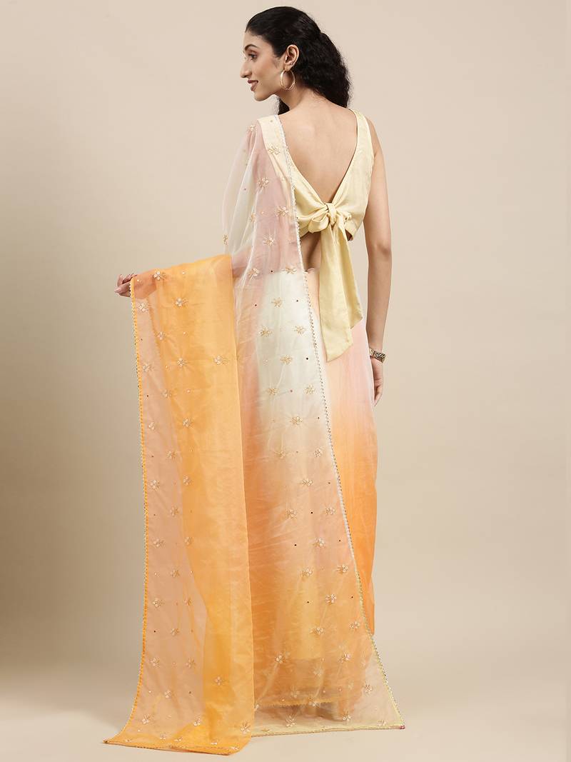 Geroo Jaipur Handcrafted Green & Light Yellow Shaded Organza Saree