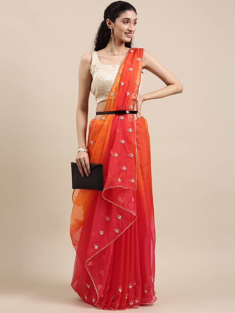 Handcrafted Orange & Red Shaded Organza Saree
