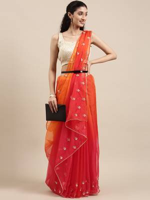 Handcrafted Orange & Red Shaded Organza Saree 1