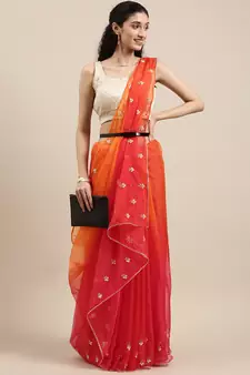 Handcrafted Orange & Red Shaded Organza Saree