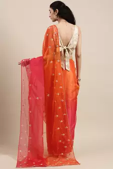 Handcrafted Orange & Red Shaded Organza Saree