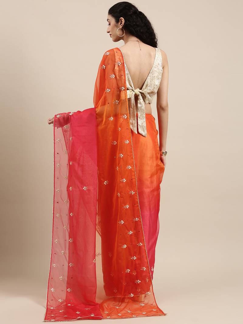 Handcrafted Orange & Red Shaded Organza Saree