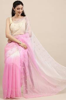 Geroo Jaipur Handcrafted Light blue & Pink Shaded Organza Saree