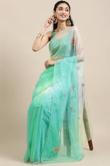 Geroo Jaipur Handcrafted Green Shaded Organza Saree
