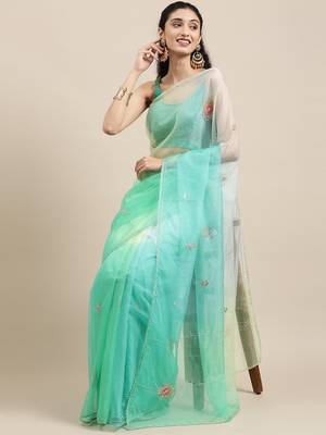   Handcrafted Green Shaded Organza Saree 1
