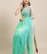 Geroo Jaipur Handcrafted Green Shaded Organza Saree