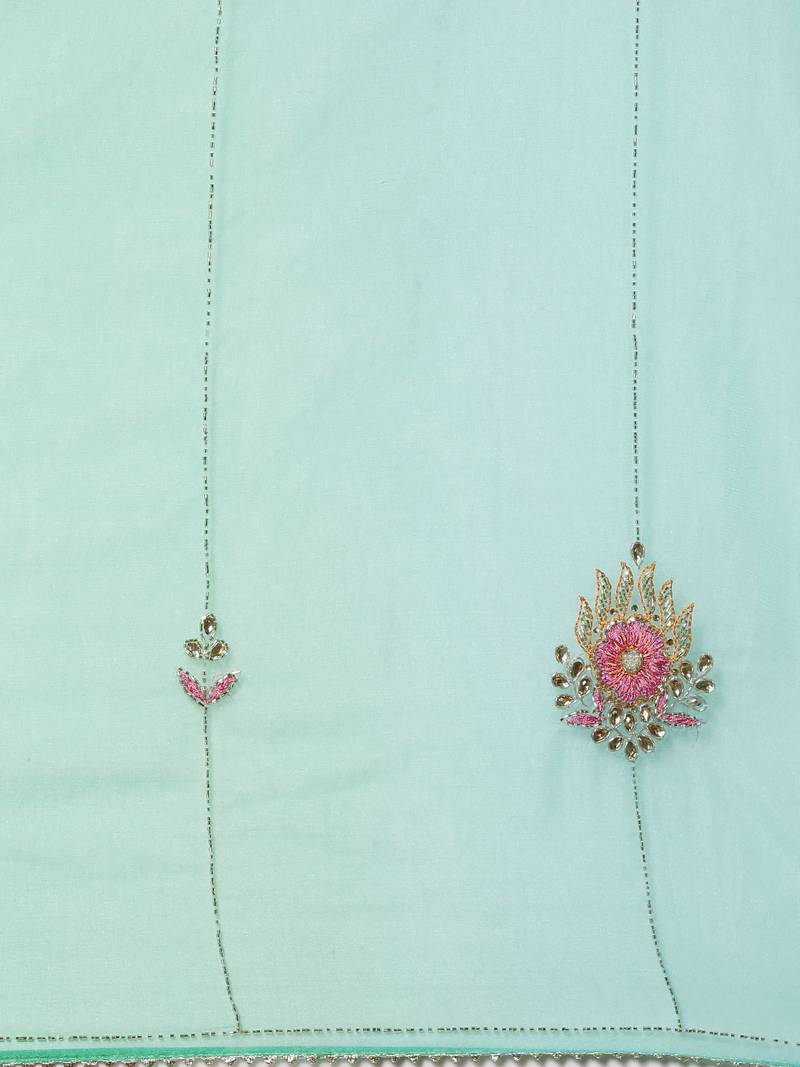 Geroo Jaipur Handcrafted Green Shaded Organza Saree