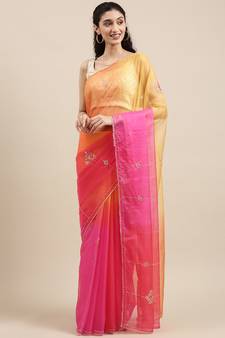 Geroo Jaipur Handcrafted Pink & Red Shaded Organza Saree