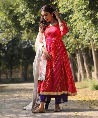 Pink Leheriya Anarkali With Pants And Dupatta 1