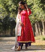 Pink Leheriya Anarkali With Pants And Dupatta