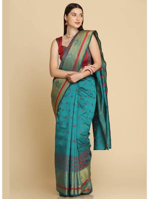 Turquoise Party Wear Cotton Silk Sarees 1