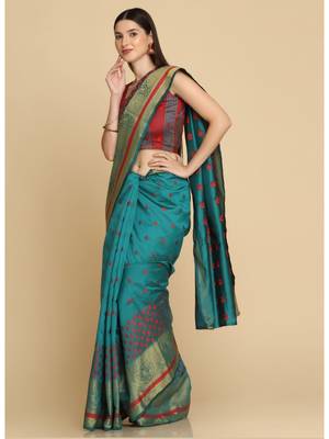 Turquoise Party Wear Cotton Silk Sarees 2
