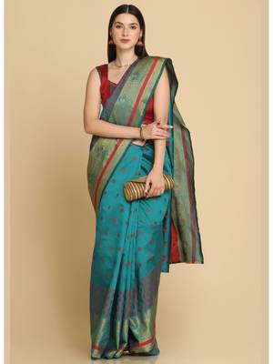 Turquoise Party Wear Cotton Silk Sarees 3