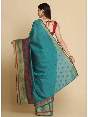 Turquoise Party Wear Cotton Silk Sarees 5