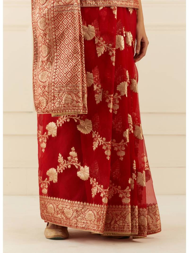 Geroo Jaipur Organza Banarasi Floral Zari Work Saree