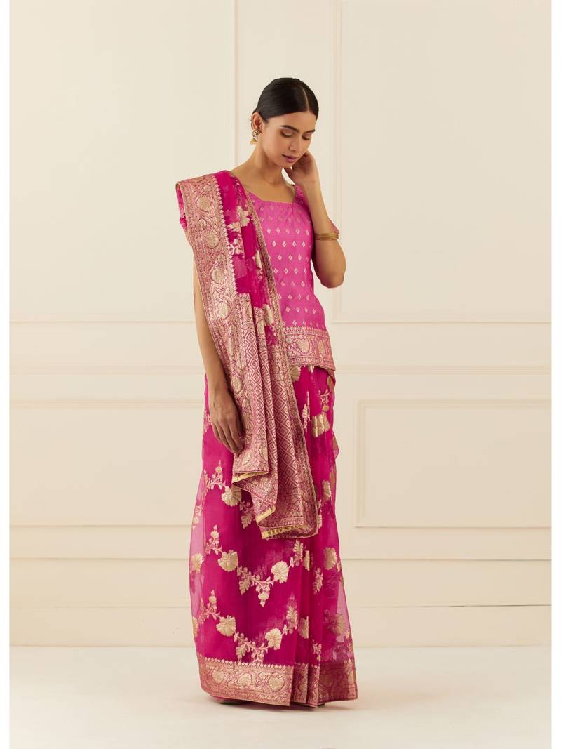 Geroo Jaipur Organza Banarasi Floral Zari Work Saree