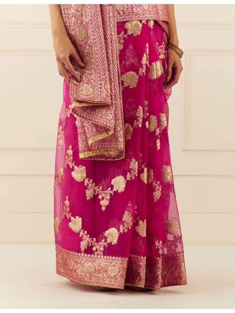 Geroo Jaipur Organza Banarasi Floral Zari Work Saree