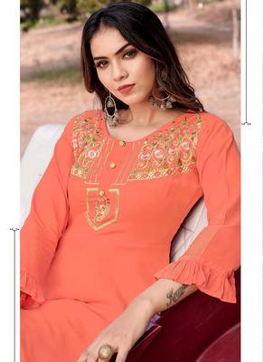 Smart and Stylish Peach Colour Embroidered Long Tunic for Girls 2