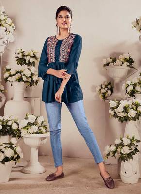 Blue Colour Fancy Tunic with Beautiful Thread Work 1