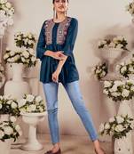 Blue Colour Fancy Tunic with Beautiful Thread Work