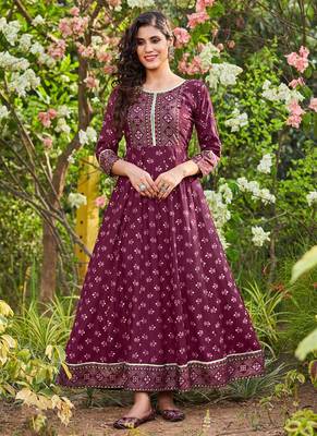 Smart Printed Rayon Long Kurti In Wine Colour 1
