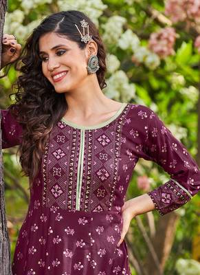 Smart Printed Rayon Long Kurti In Wine Colour 2