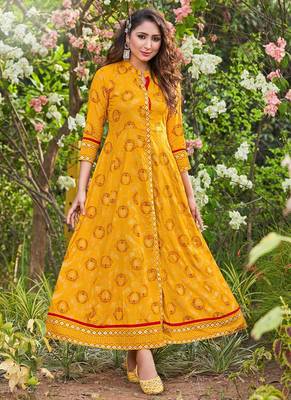 Traditional Taste Yellow Colour Long Kurti In Rayon 1