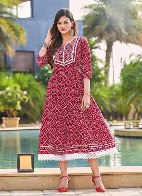 Ethnic and Sober Kurti in Maroon Colour with Print and Embroidery Work 1