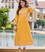 Beautiful Girlish Kurti with Print and Embroidery in Elegant Yellow Colour