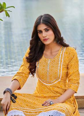 Beautiful Girlish Kurti with Print and Embroidery in Elegant Yellow Colour 2