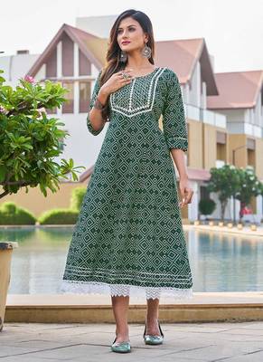 Green Colour Kurti with Smart Print and Embroidery Work on Rayon Fabric 1
