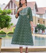 Green Colour Kurti with Smart Print and Embroidery Work on Rayon Fabric