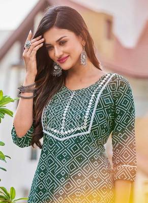 Green Colour Kurti with Smart Print and Embroidery Work on Rayon Fabric 2