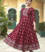 Wine Colour Long Kurti on Rayon Fabric with Classy Looks