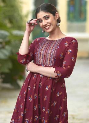 Wine Colour Long Kurti on Rayon Fabric with Classy Looks 2