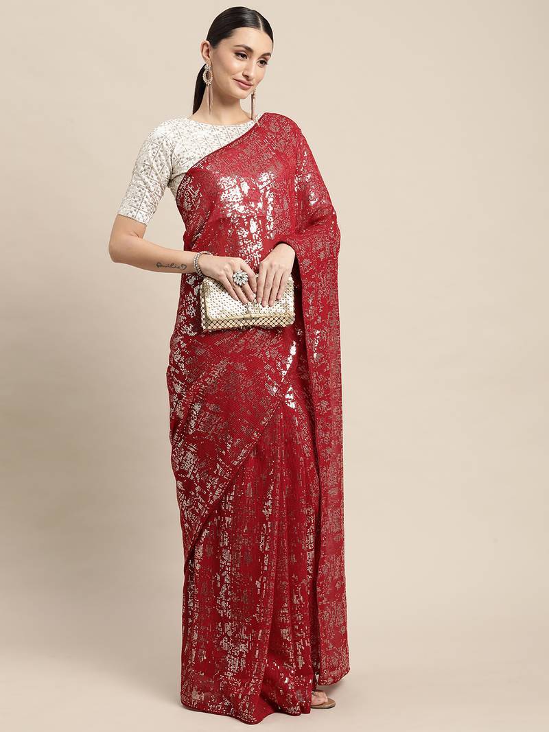 Maroon Georgette Sequence Saree With Blouse Piece