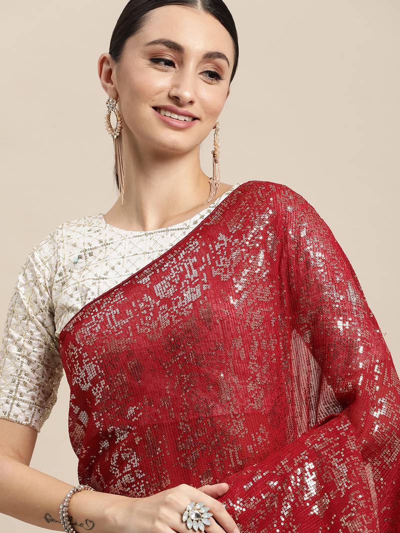 Maroon Georgette Sequence Saree With Blouse Piece
